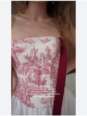 Strapless Toile-Print Corset Dress in Red and White